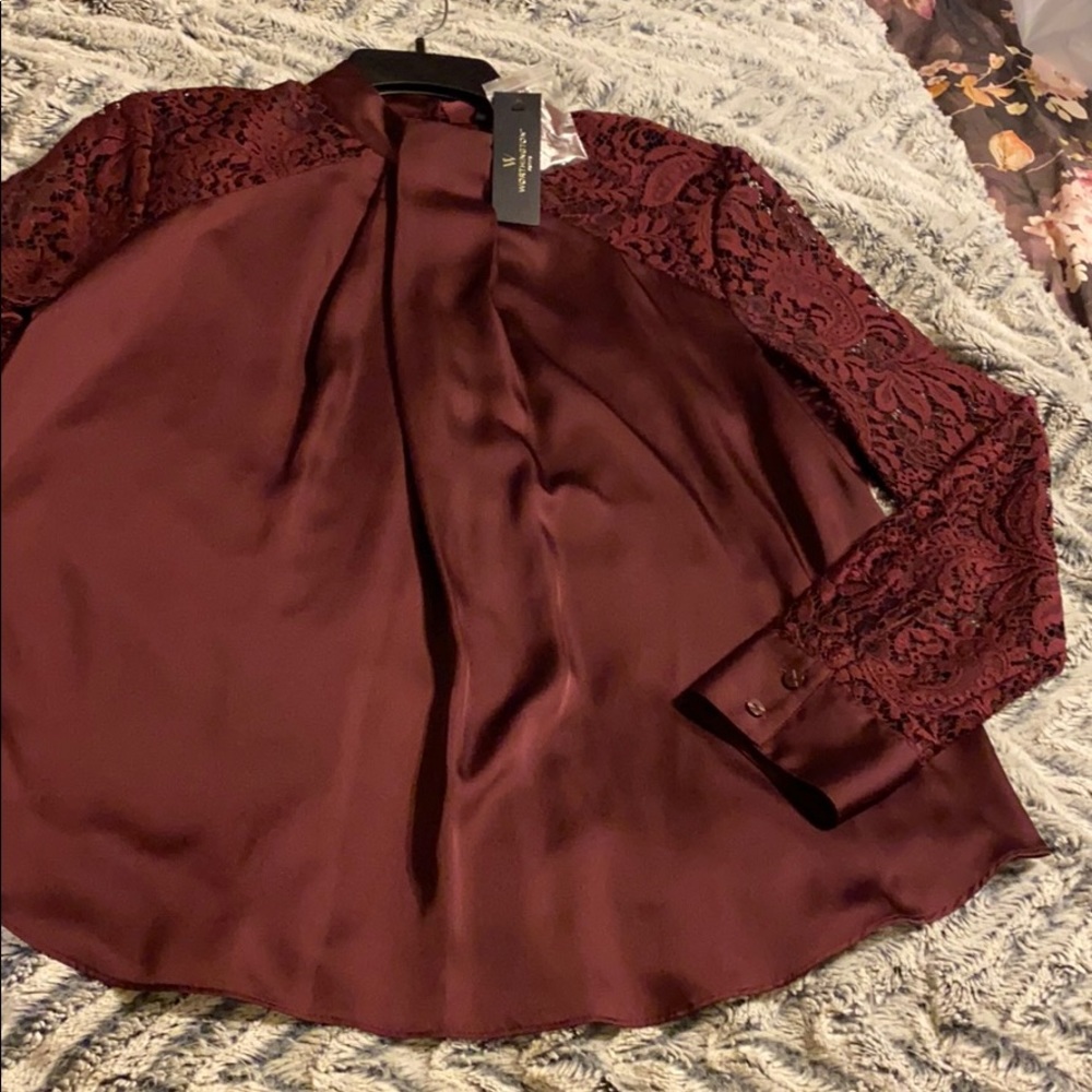 Wine colored, sateen & lace blouse.